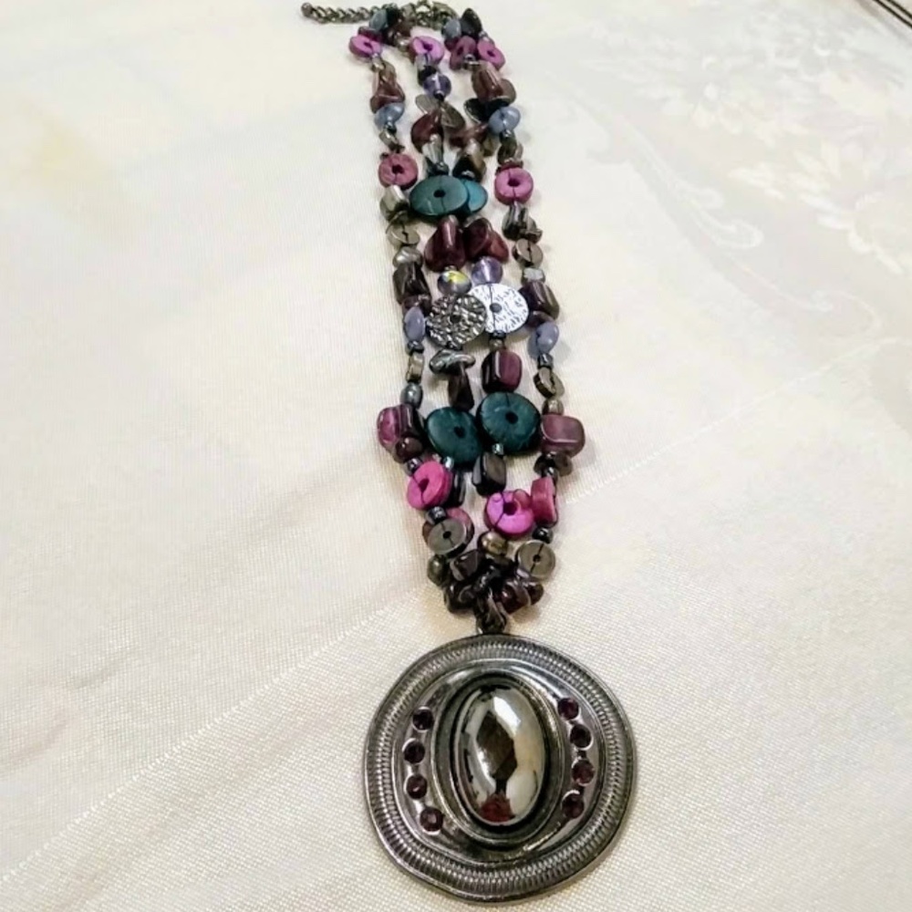Vintage Boho Purple Blue Silver Tone Double Strand Pendant Necklace - Picture 4 of 7